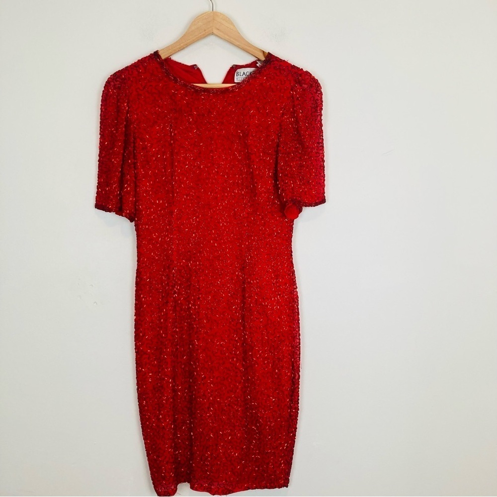 Vintage Oleg Cassini red silk all over beaded knee length cocktail dress. Size 4